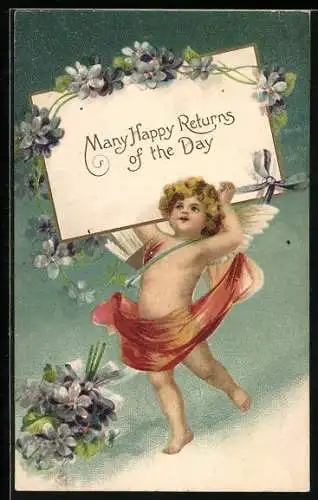 Präge-AK Amor mit Blumengirlanden und Schild, Many Happy Returns of the Day