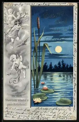AK Engel und Vollmond über einem See, Sterne formen Schriftzug Gruss und Kuss