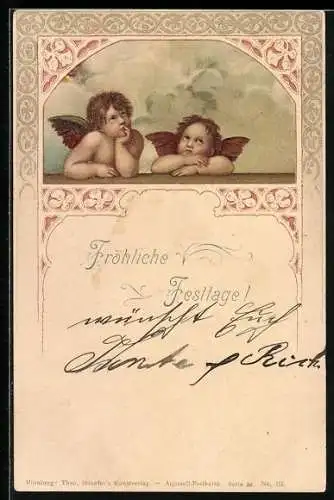 AK Nachdenkliche Engel blicken in den Himmel, Fröhliche Festtage