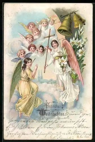 AK Osterengel mit Lilien und Glocken