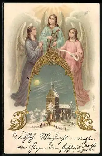 AK Weihnachtsengel über einer verschneiten Kirche