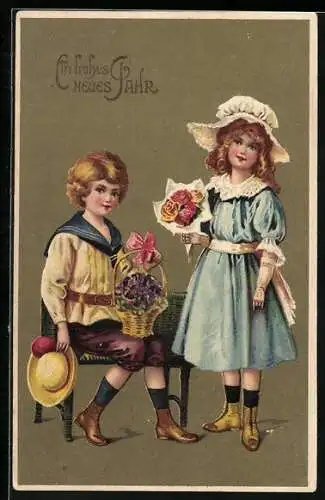 Präge-AK Kinder mit Blumensträussen gratulieren zu Neujahr