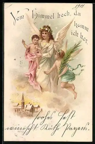 AK Weihnachtsengel schweben über der winterlichen Stadt