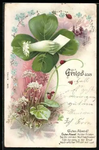 Glitzer-Perl-AK Hand mit einem Brief auf einem Kleeblatt, Marienkäfer