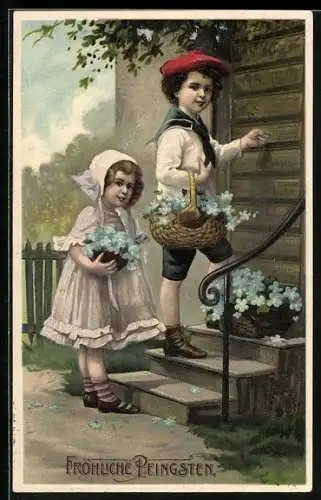 Präge-AK Kinder stehen mit Blumen vor der Tür, Fröhliche Pfingsten