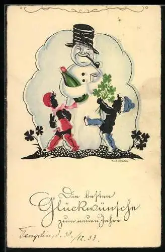 AK Kinder feiern mit einem Schneemann Neujahr