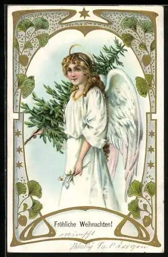 AK Weihnachtsengel mit Heiligenschein trägt einen Tannenbaum