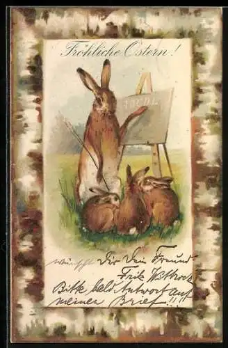 AK Osterhasen-Schüler lauschen dem Lehrer an der Tafel, Fröhliche Ostern!