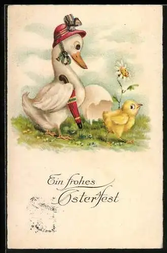 AK Ente und Osterküken auf einer Wiese