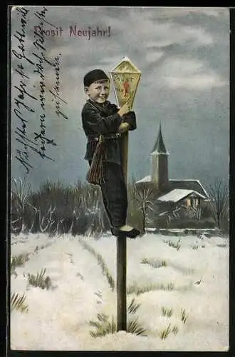 AK Schornsteinfeger auf einer Laterne im Schnee, Prosit Neujahr