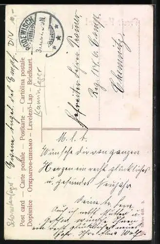 AK Schornsteinfeger auf einer Laterne im Schnee, Prosit Neujahr