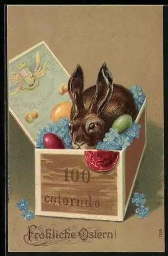 Präge-AK Osterhase, Ostereier und Vergissmeinnicht in einer Kiste