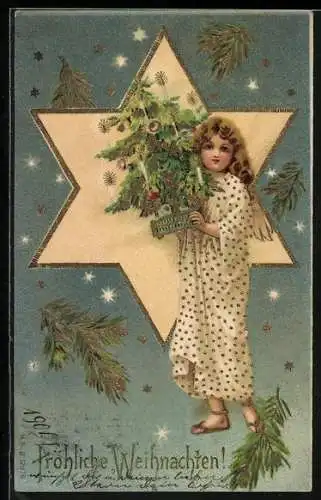 AK Weihnachtsengel mit Christbaum überbringt Weihnachtsgrüsse