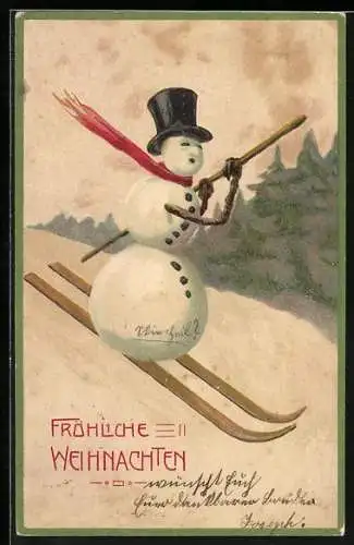 Präge-AK Schneemann fährt auf Skiern einen Hang herunter, Fröhliche Weihnachten