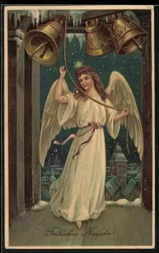 Präge-AK Neujahrsengel läutet Kirchenglocken bei Nacht