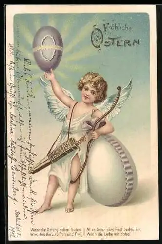 AK Amor mit Pfeil und Ostereiern, Fröhliche Ostern
