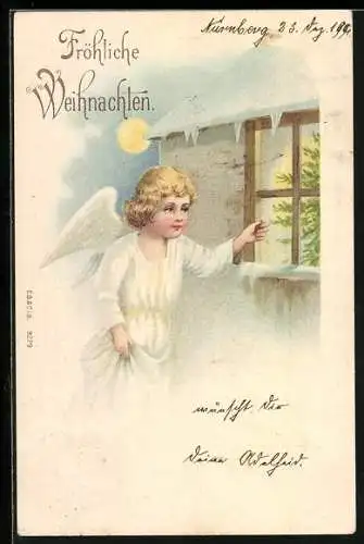 AK Fröhliche Weihnachten, Weihnachtsengel am Fenster