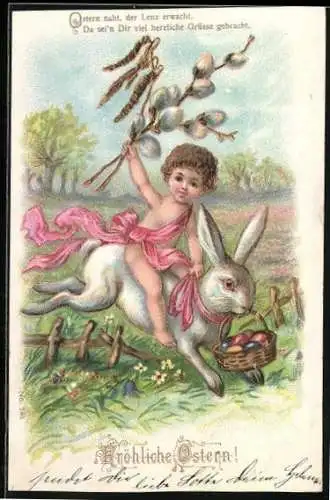 AK Junge reitet auf Osterhasen über eine Wiese