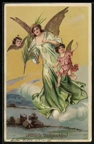 AK Weihnachtsengel schweben über einer Kirche