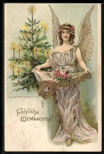 AK Weihnachtsengel mit Blumen am Tannenbaum