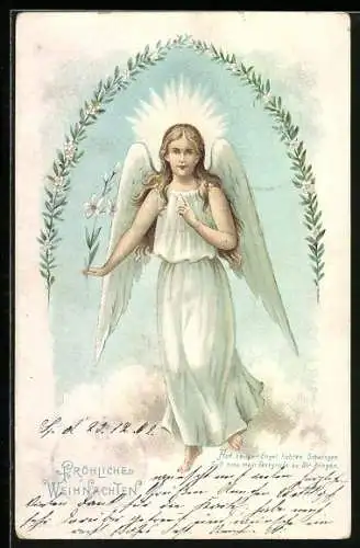 AK Weihnachtsengel mit Lilienblüte über den Wolken
