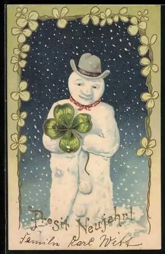Präge-AK Prosit Neujahr, Schneemann mit Kleeblatt und Hut