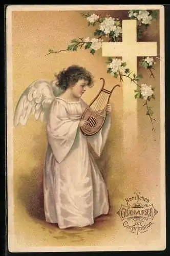 Präge-AK Osterengel mit Laute und Kruzifix