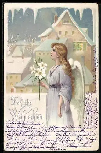 AK Weihnachtsengel mit Lilie in verschneitem Dorf