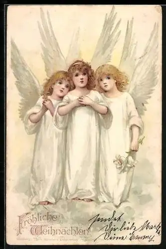 AK Weihnachtsengel mit Lilien wünschen Frohe Weihnachten