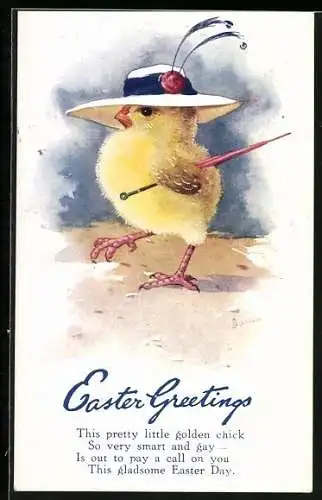 AK Osterküken mit Hut und Regenschirm, Easter Greetings