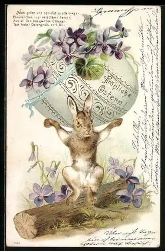 Lithographie Osterhase trägt blumengeschmücktes Osterei