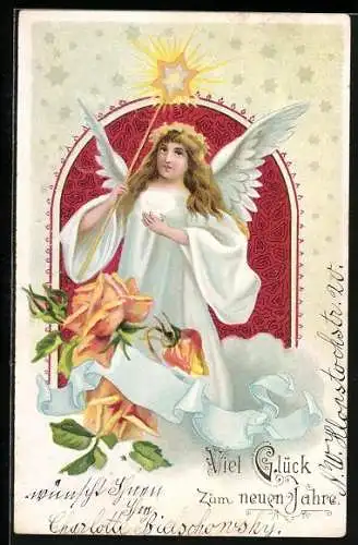AK Neujahrsengel mit Stern und Rosen