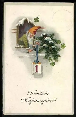 AK Zwerg hängt einen Kalender aus dem Fenster, Neujahrsgrüsse