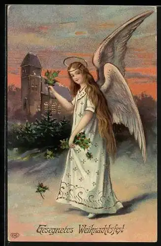 AK Weihnachtsengel im Abendrot vor einer Kirche