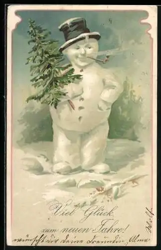 AK Schneemann mit Hut und Pfeife trägt einen Tannenbaum, Neujahrsgruss