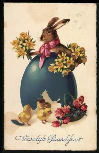 AK Osterhase und Osterküken mit Eierschalen und Blumen