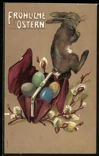 Präge-AK Osterhase mit einer Tasche voller Ostereier