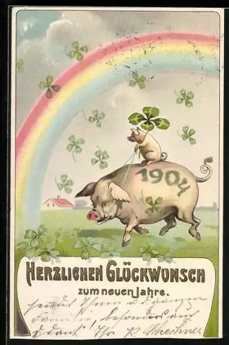 Präge-AK Neujahrsgruss, Ferkel reitet mit Kleeblatt auf einem Schwein
