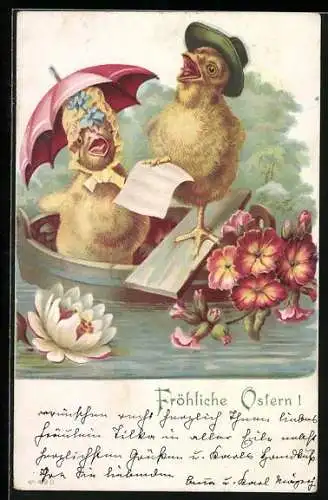 AK Osterküken singen im Badezuber ein Ständchen