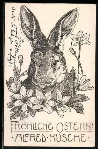 Künstler-AK Osterhase inmitten von Blüten