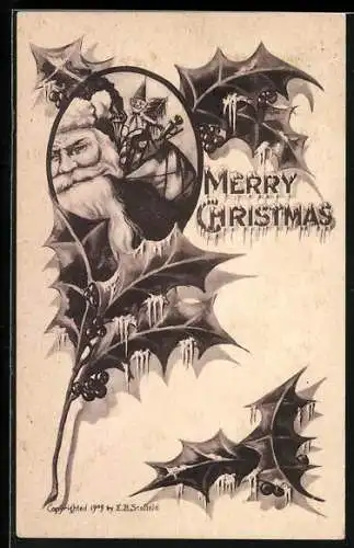 AK Weihnachtsmann im Stechpalmenzweig-Passepartout, Merry Christmas