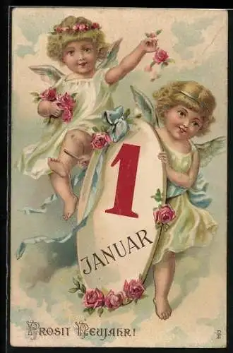 Präge-AK Kleine Neujahrsengel mit einem Kalenderblatt