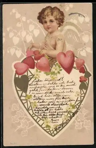 Präge-AK Amor mit Herzen Blüten