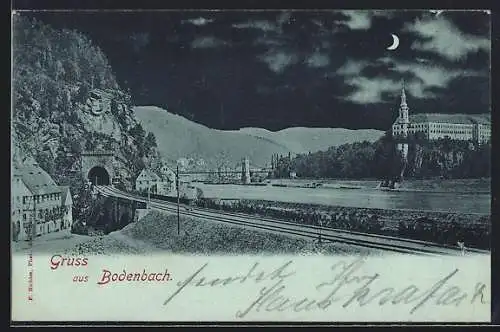 Mondschein-AK Bodenbach, Ortspartie mit Eisenbahntunnel, Brücke u. Turmgebäude