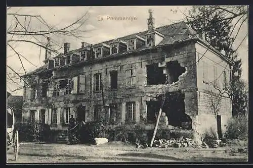 AK La Pommeraye, Zerschossenes Gebäude mit Soldaten vor dem Eingang