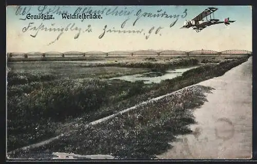 AK Graudenz, Blick auf die Weichselbrücke mit Flugzeug