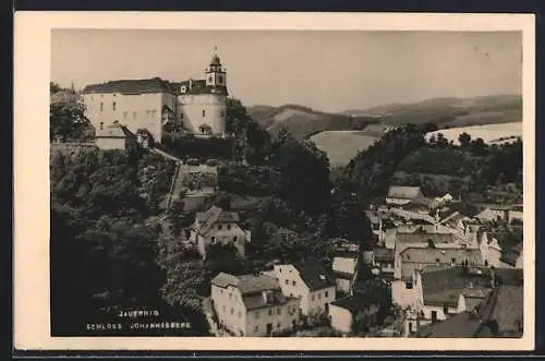 AK Jauernig, Ortsansicht mit Schloss Johannesberg aus der Vogelschau