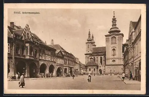 AK Saaz, Ackermannplatz mit Turmgebäuden