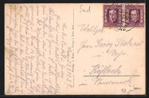 AK Saaz, Ackermannplatz mit Turmgebäuden