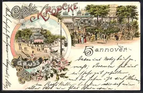 Lithographie Hannover, Café Kröpcke, Strassenpartie und Anlagen